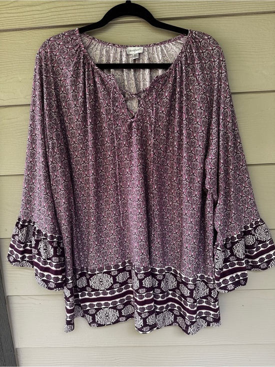 Avenue Tops - Avenue Blouse Womens 3X Purple Paisley Boho Bell Sleeve Peasant Tunic Top